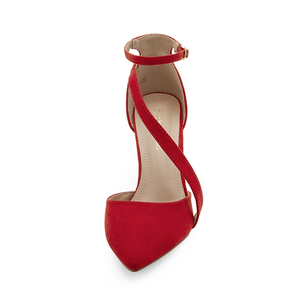 Pointed Toe Ankle Strap High Heel Pump Shoes - RED SUEDE - 2